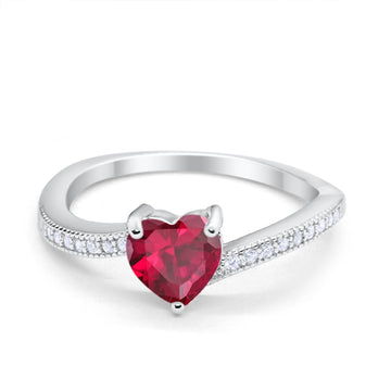 Heart Promise Ring Round Simulated Ruby CZ 925 Sterling Silver
